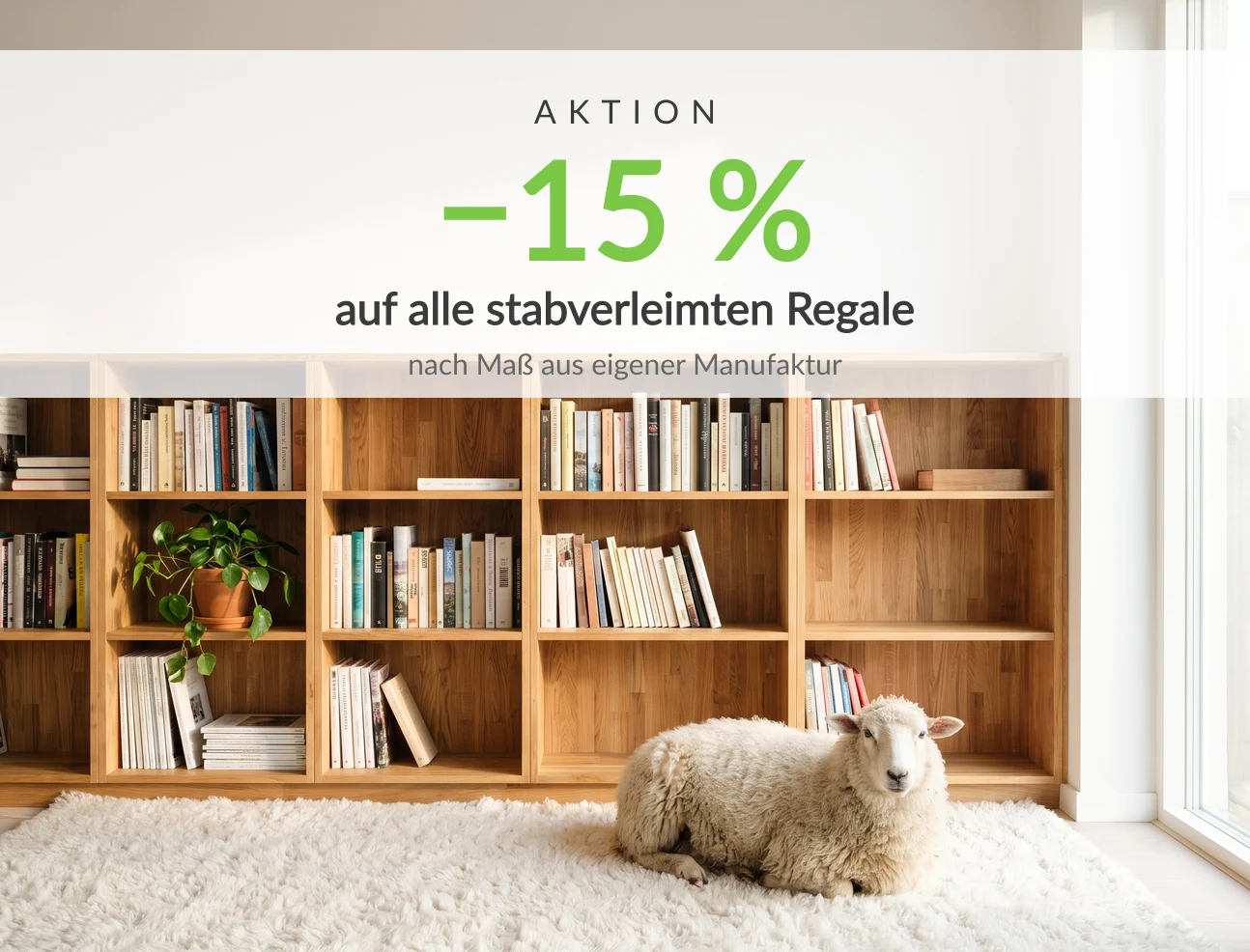 AKTION −15 % auf alle stabverleimten Regale – nach Maß aus eigener Manufaktur